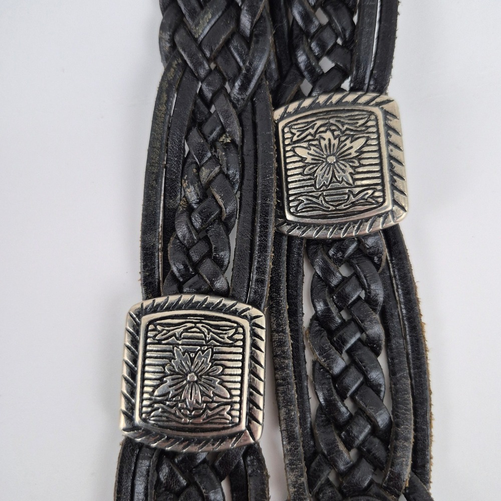 Kids Black Braided Genuine Leather Western Concho Belt Silver Tone Buckle ML - Picture 4 of 8